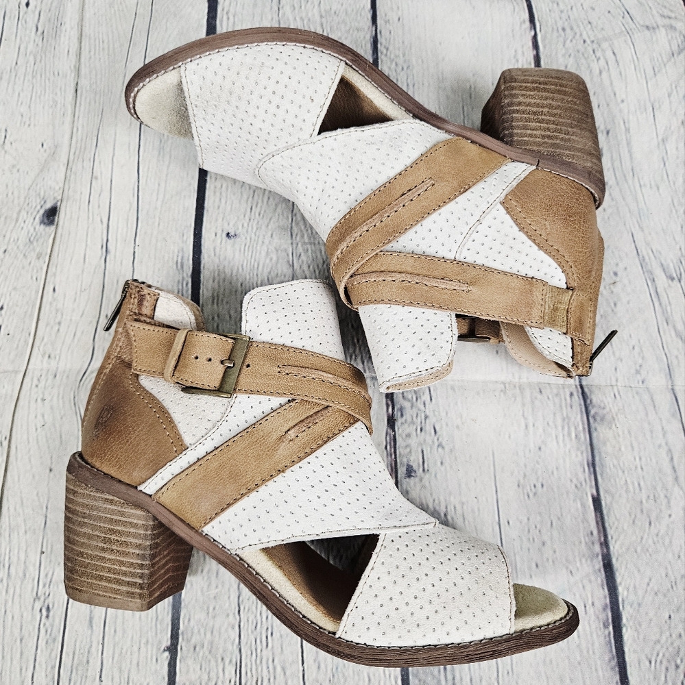 ROAN by BED STU | Natalie leather & suede peekaboo peep toe buckle heeled sandal